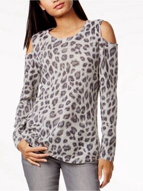 Charter Club 100% Cashmere Cold Shoulder Gray Leopard Print Sweater XL Luxury